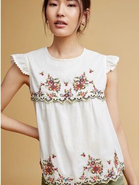 Antik Batik White Embroidered Cotton Camisole with Multicolor Floral Detail